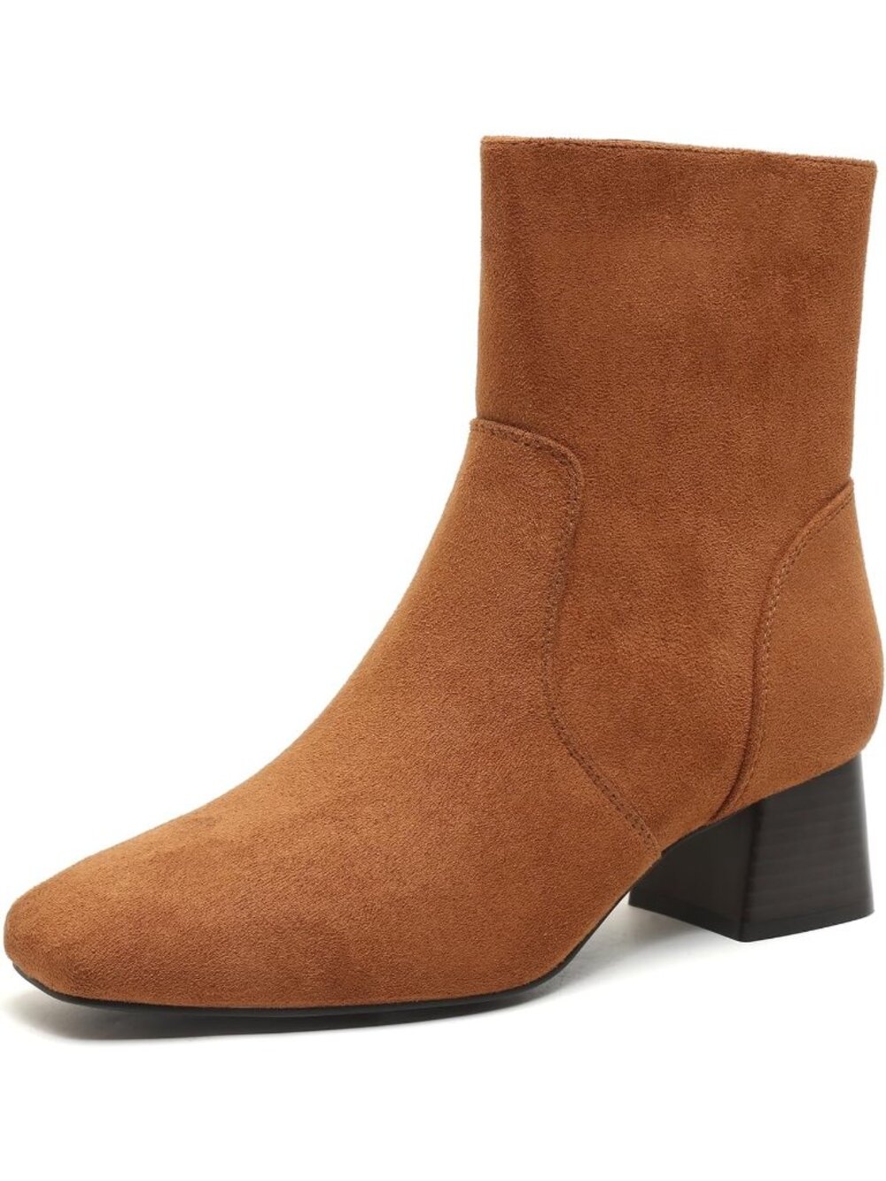 Women's Brown Suede Chunky Block Low Heel Square Toe Side Zipper Ankle Booties
